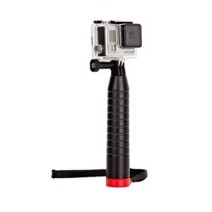 Joby Action Grip - kuvauskahva on musta käsikamerakahva, jossa on punainen pohja ja rannehihna, kuvassa kiinnitettynä kompaktikameraan kirkkaassa kotelossa.
