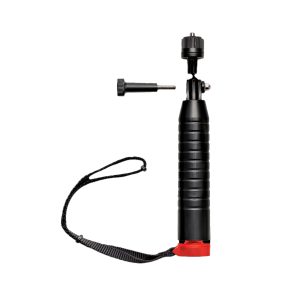 Joby Action Grip - kuvauskahva on musta käsikahva, jossa on kuvioitu pinta, punainen pohja, rannehihna, ja se sisältää yläpuolella näkyvän irrotettavan ruuvikiinnikkeen.