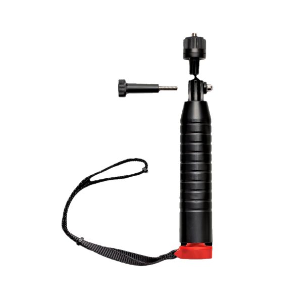 Joby Action Grip - kuvauskahva on musta käsikahva, jossa on kuvioitu pinta, punainen pohja, rannehihna, ja se sisältää yläpuolella näkyvän irrotettavan ruuvikiinnikkeen.