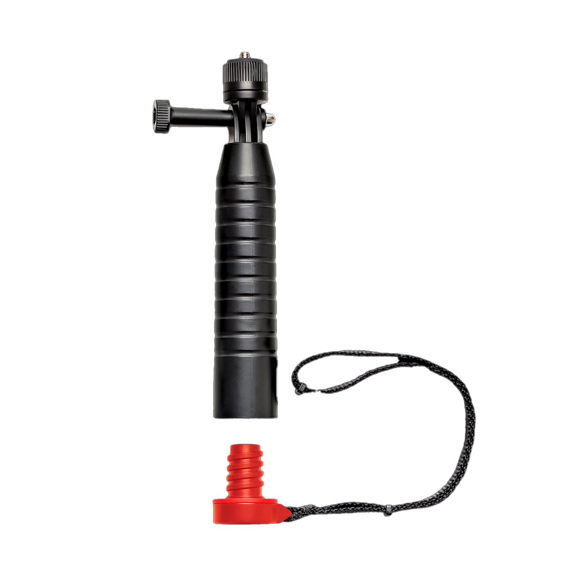 Joby Action Grip - kuvauskahva on musta käsikahva, jossa on kylkikahva, kulmasuutin ja punainen irrotettava korkki, joka on kiinnitetty mustalla narulla, joka näkyy valkoista taustaa vasten.