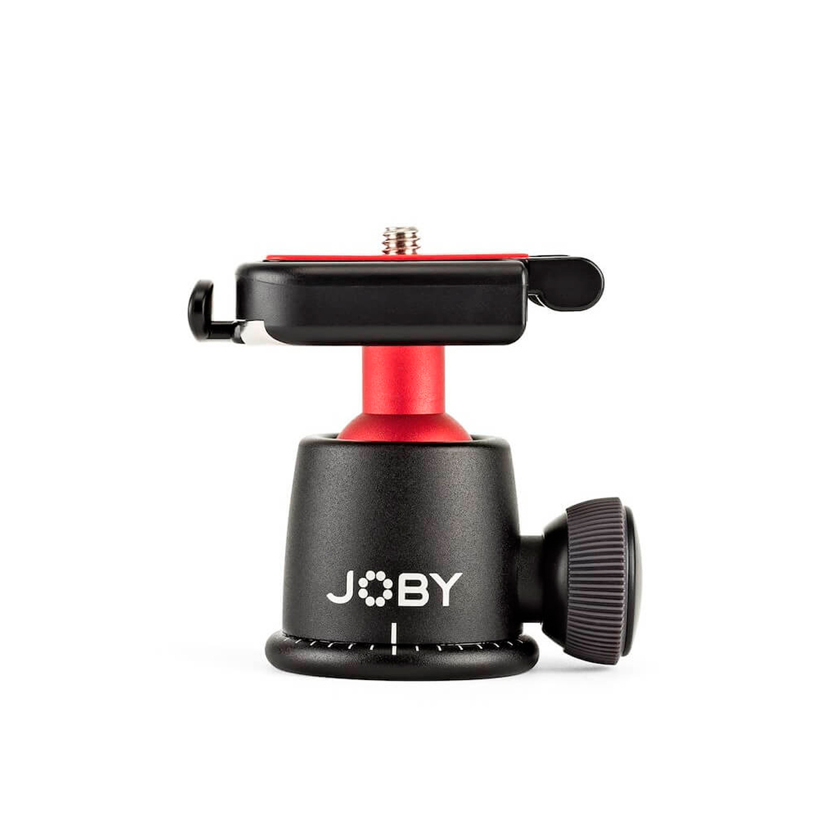 Joby BallHead 3K -kuulapää on kompakti musta-punainen jalustan kuulapää, jossa on kiinnitysruuvi, säädettävä sivusäädin ja JOBY-logo etupuolella, kuvassa valkoista taustaa vasten.