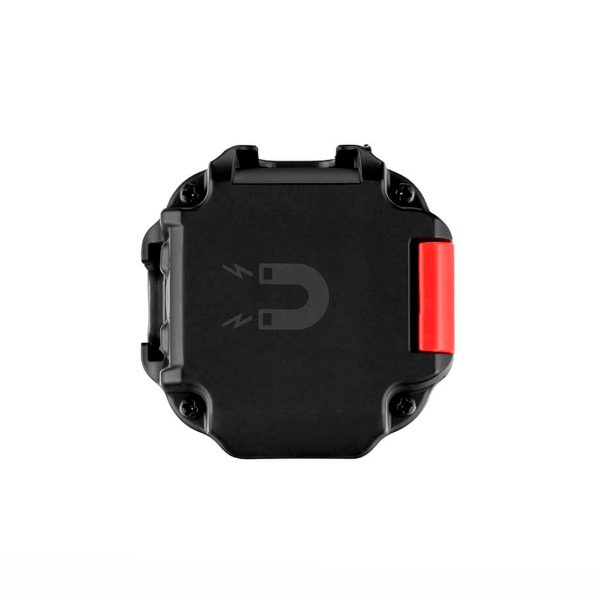 Joby-Beamo-Mini- Joby Beamo Mini - LED-valo on musta suorakaiteen muotoinen laite, jonka etupuolella on magneettisymboli ja oikealla puolella punainen painike tai salpa valkoisella pohjalla.