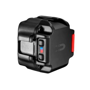 Joby Beamo Mini - LED-valo on kompakti musta elektroninen laite, jossa on magneettisymboli sivulla, kaksi painiketta, joissa on sininen ja punainen merkkivalo, ja punainen välilehti, kuvassa eristettynä valkoisella pohjalla.
