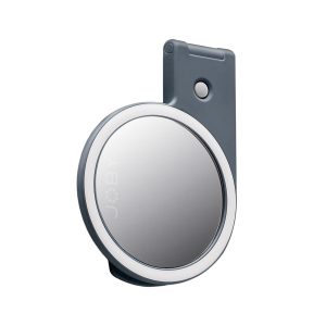 Joby Beamo Ring Light for MagSafe - Harmaa on pyöreä, kannettava valaisin, jossa on harmaa klipsikehys, jossa on pieni painike ja JOBY-brändäys sen etupuolella. Sen muotoilu on moderni ja minimalistinen.