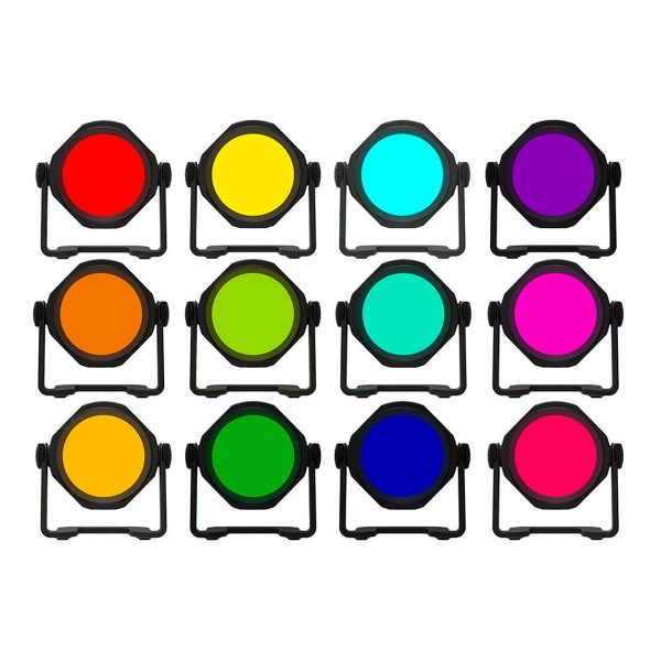 Kaksitoista Joby Beamo Studio -taustan LED-valoa 3x4 ruudukossa, joista jokainen hehkuu ainutlaatuista kirkasta väriä - punaista, keltaista, syaania, violettia, oranssia, vihreää, sinistä ja vaaleanpunaista - valkoista taustaa vasten.