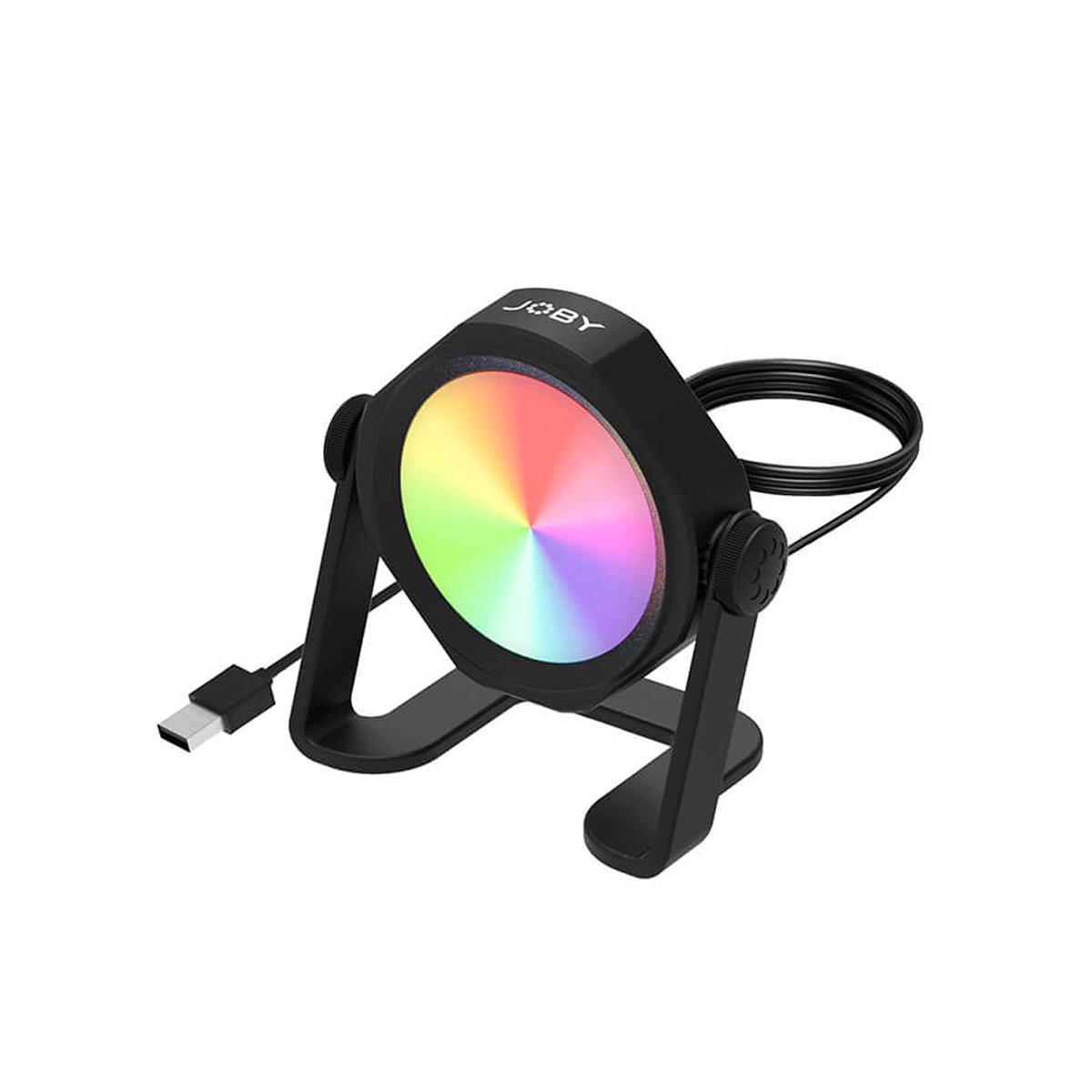 Joby Beamo Studio Background LED Light on pyöreä, musta USB-käyttöinen lamppu jalustalla, jossa on monivärinen sateenkaarikuvio ja liitetty virtajohto.