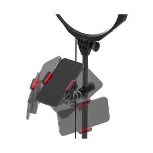 Joby Beamo Studio Deluxe Lighting Kit -valaistussarjassa on näytetty jalustalla oleva puhelimen kiinnike, joka pitää älypuhelinta eri asennoissa, ja pidikkeen yläpuolelle asennettu rengasvalo.