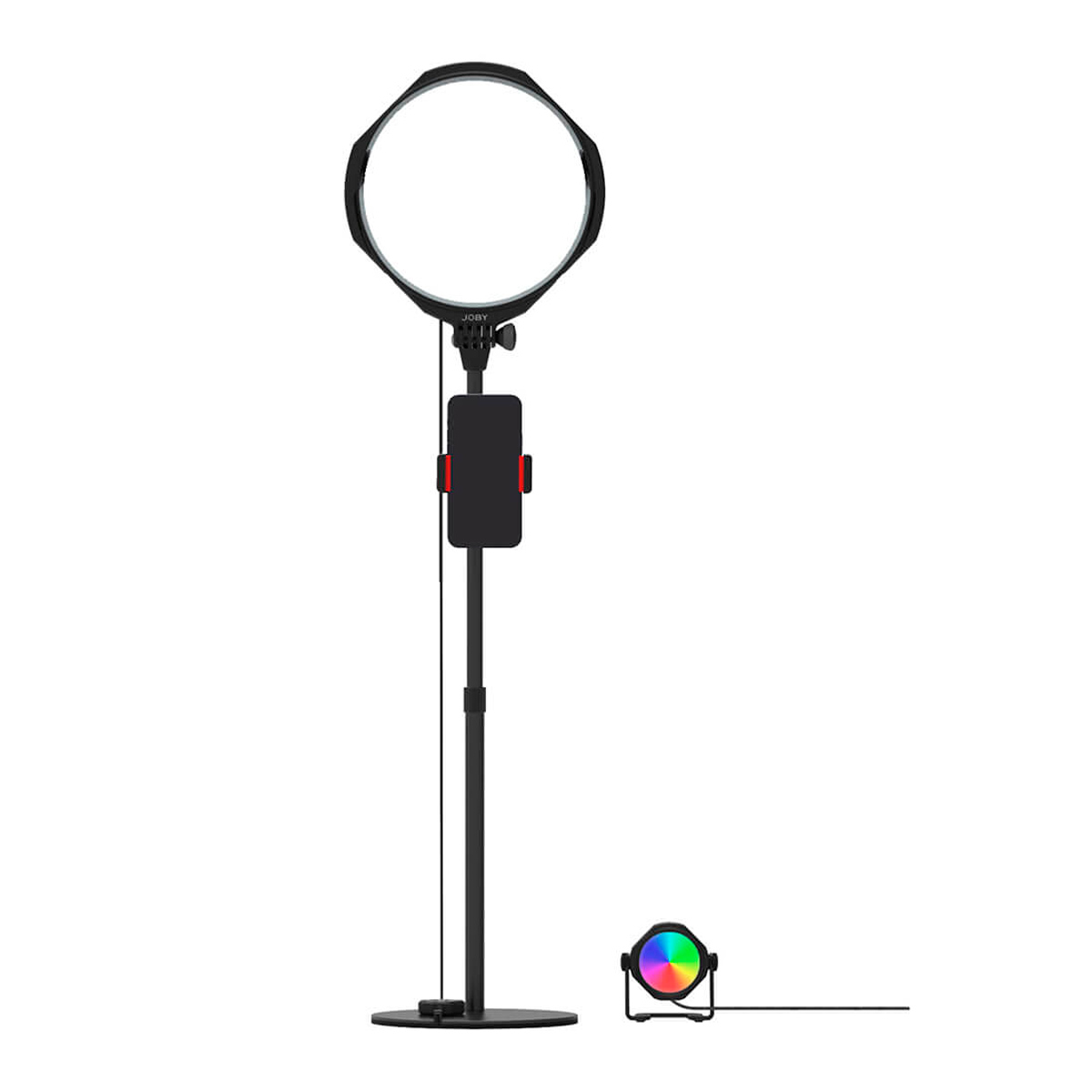 Joby Beamo Studio Deluxe -valaisinsarjassa on rengasvalo säädettävällä jalustalla, jossa on keskellä älypuhelimen pidike, ja pieni, pyöreä RGB-LED-valo, jotka molemmat saavat virtansa kaapeleista.