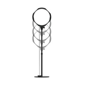 The Joby Beamo Studio Key Light is presented on a tripod base at different heights, with a round light head and a flat round base, all against a white background.