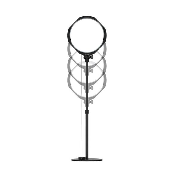 The Joby Beamo Studio Key Light is presented on a tripod base at different heights, with a round light head and a flat round base, all against a white background.
