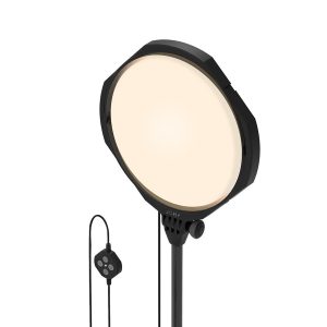 The Joby Beamo Studio Key Light is a round, black LED ring light with stand and wired remote control that emits a soft, evenly lit white light.
