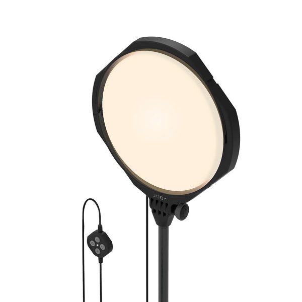 The Joby Beamo Studio Key Light is a round, black LED ring light with stand and wired remote control that emits a soft, evenly lit white light.