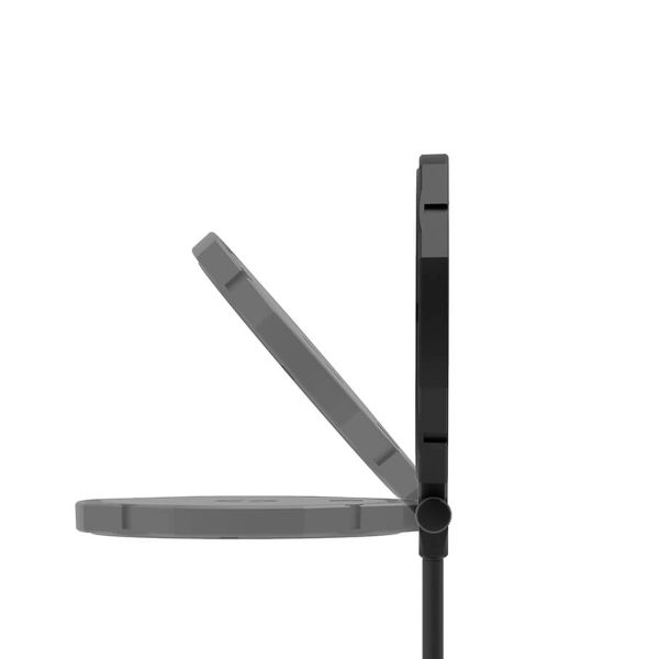 Side view of the Joby Beamo Studio Key Light, a slim, minimalist circular folding device with two flat circular sections connected by a hinge - one vertical and one open-bent.
