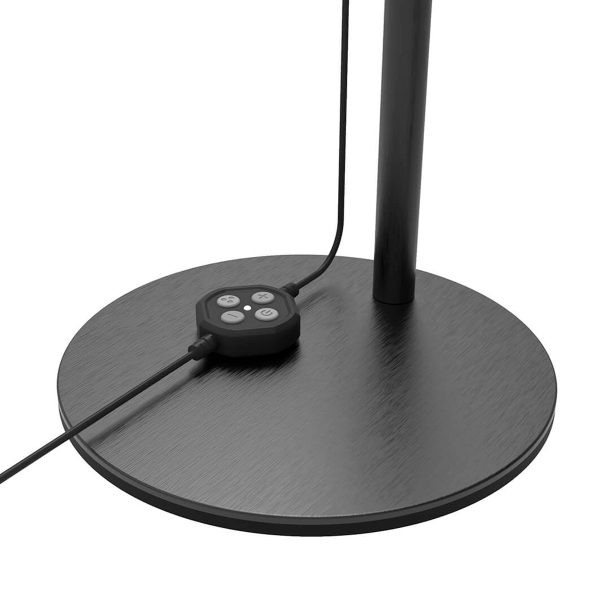 A close-up of the Joby Beamo Studio Key Light shows its round black base, the black cord attached to it and a small round control panel with four buttons.
