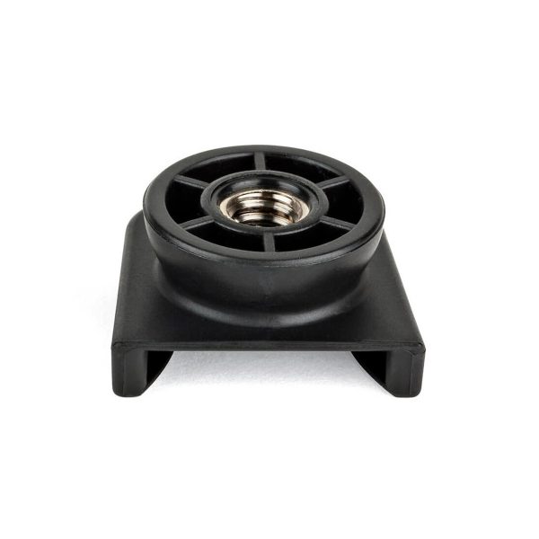 Joby Cold Shoe Mount, black plastic bracket with threaded metal insert in the middle, front picture in white. The base has two angled feet; the top has a circular opening.