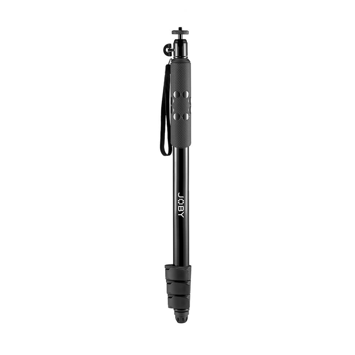 Joby Compact 2in1 Monopod, kuvassa mustana, kuvioidulla kahvalla, rannehihnalla ja säädettävällä teleskooppipylväällä, näkyy valkoisella taustalla.
