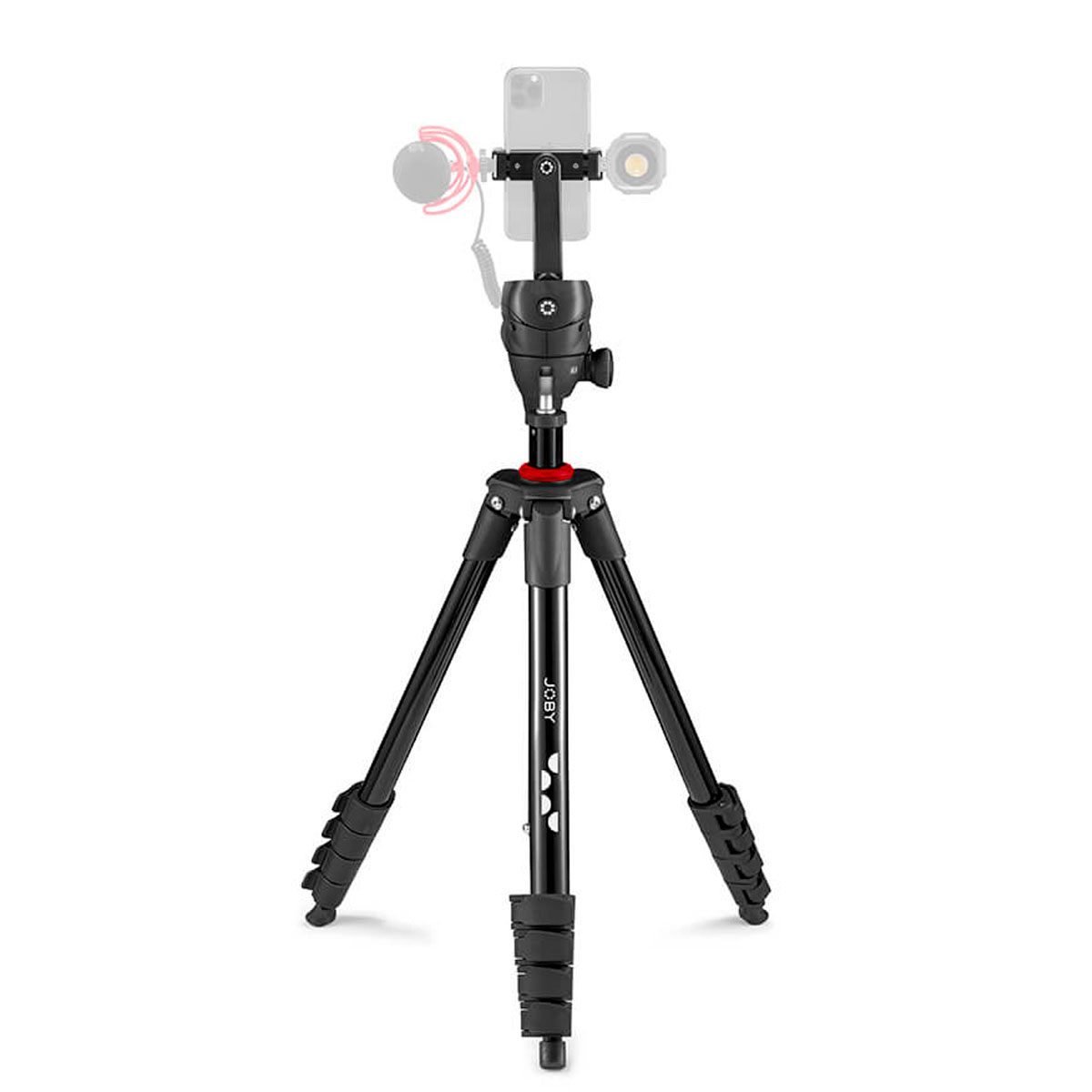 Mustassa Joby Compact Action 3K Kitissä, jossa on teleskooppijalat, on älypuhelin, minimikrofoni ja LED-valo päällä, kaikki valkoista taustaa vasten.