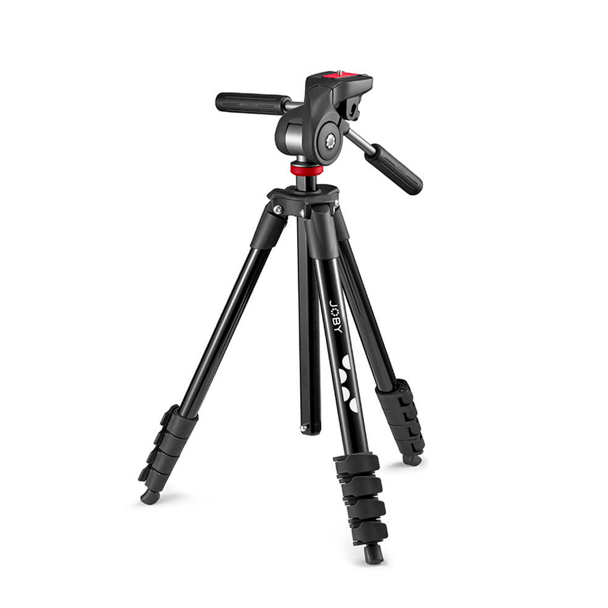 Mustan ja hopean värinen Joby Compact Advanced -kolmijalka, jossa on säädettävät jalat ja kaksi panoraamakahvaa, seisoo valkoisella pohjalla, ja yhdessä jalassa on tuotemerkki.