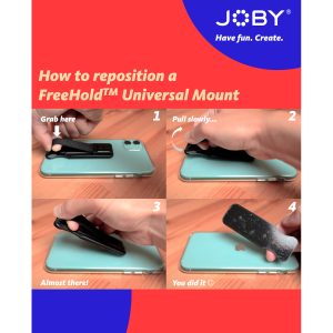 Joby-FreeHold-Universal-Kit-5 Visuaalinen opas näyttää kädet irrottamassa Joby FreeHold Universal Kitin (musta) turkoosista älypuhelimesta, ja numeroidut vaiheet alkavat kiinnikkeen kielekkeen vetämisestä ja päättyvät täydelliseen irrottamiseen.