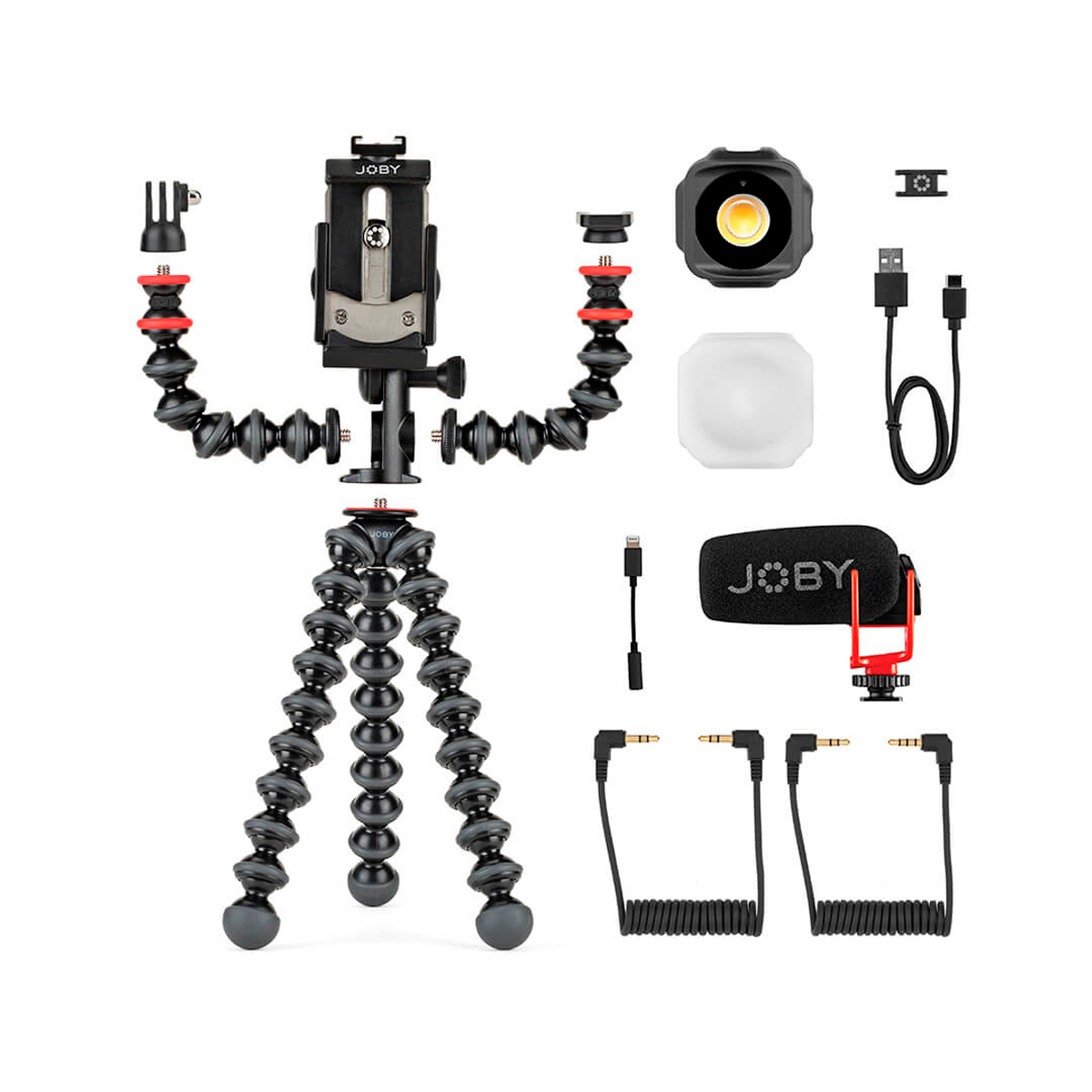 Joby GorillaPod Advanced Mobile Vlogging Kit, jossa on joustava musta jalusta, puhelimen kiinnike, irrotettavat varret, LED-valo diffuusorilla, USB-kaapeli, mikrofoni, punainen puhelimen pidike ja kaksi kierrettyä äänikaapelia valkoisella pohjalla.