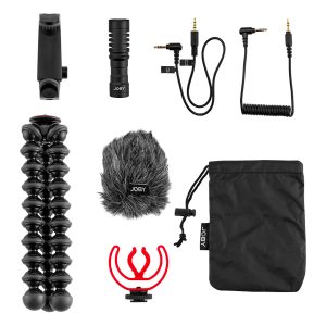 The Joby GorillaPod Creator Kit features a flat design with a flexible stand, boom microphone, phone mount, furry windscreen, audio cables, red shock mount and black drawstring bag with white base.