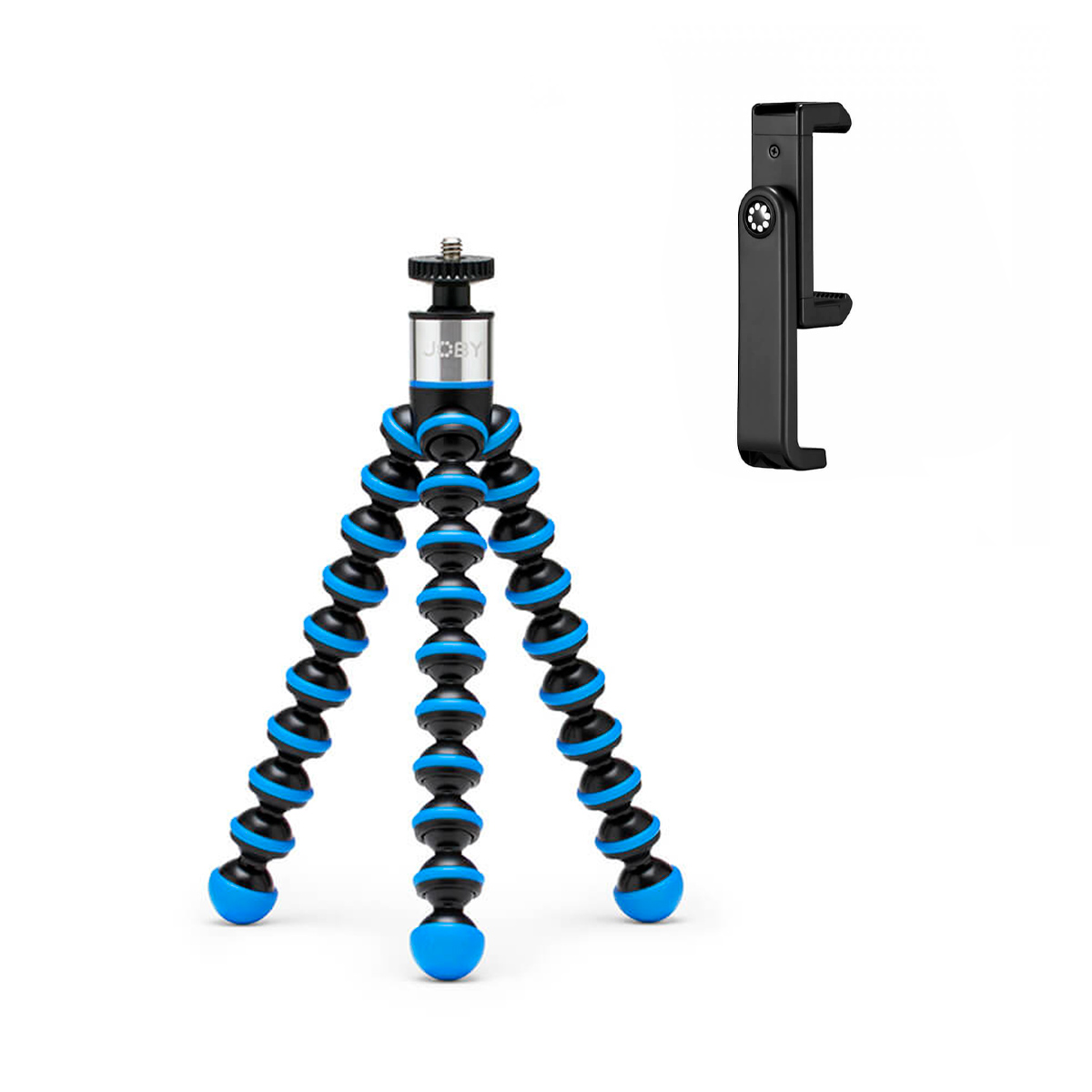 Joby GorillaPod Go 500 + GripTight 360 Tripod Kit Blue, jossa on segmentoidut siniset ja mustat jalat, seisoo pystyssä mustan älypuhelinpidikkeen vieressä valkoisella taustalla.