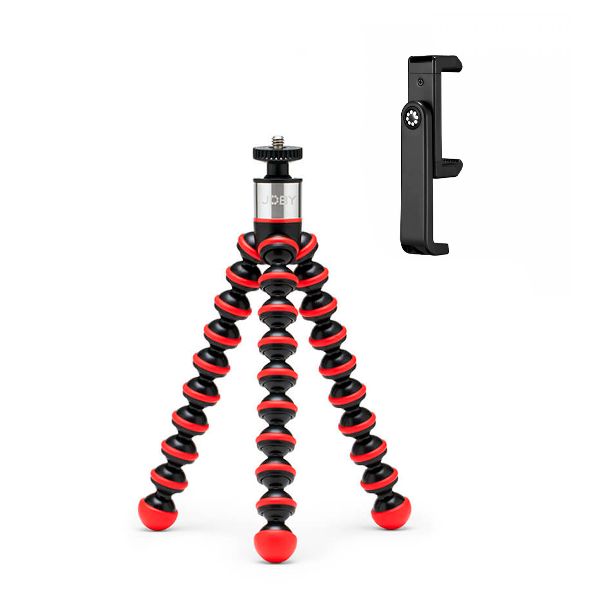 Joby GorillaPod Go 500 + GripTight 360 Tripod Kit Red, jossa on joustavat punaiset ja mustat taivutettavat jalat, seisoo pystyssä erillisen mustan älypuhelinpidikkeen vieressä valkoisella taustalla.