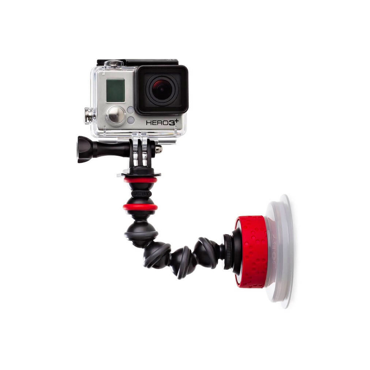 GoPro HERO3+ -toimintakamera on kiinnitetty Joby GorillaPod Imukuppi -joustavaan mustaan ja punaiseen varteen, jossa on imukuppijalusta, valkoista taustaa vasten.