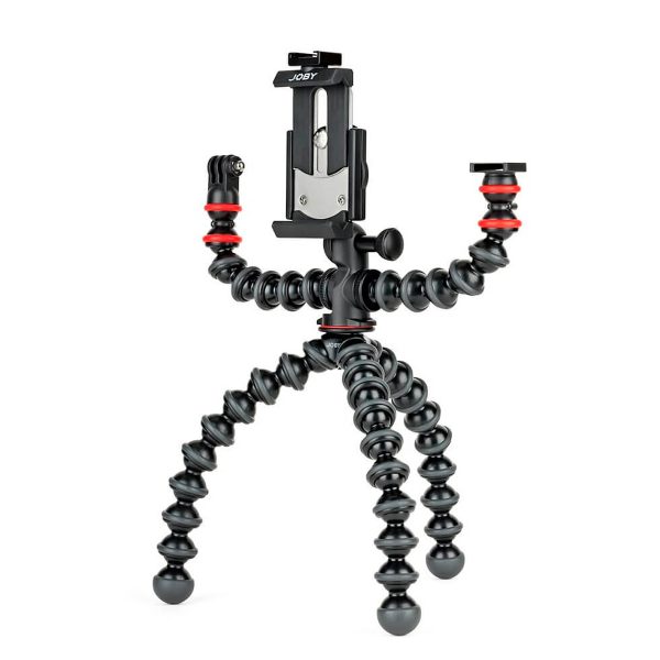 The Joby GorillaPod Mobile Rig is a flexible black tripod with segmented legs, a smartphone holder and two adjustable arms for accessories, highlighting its flexible design and versatile attachment points.