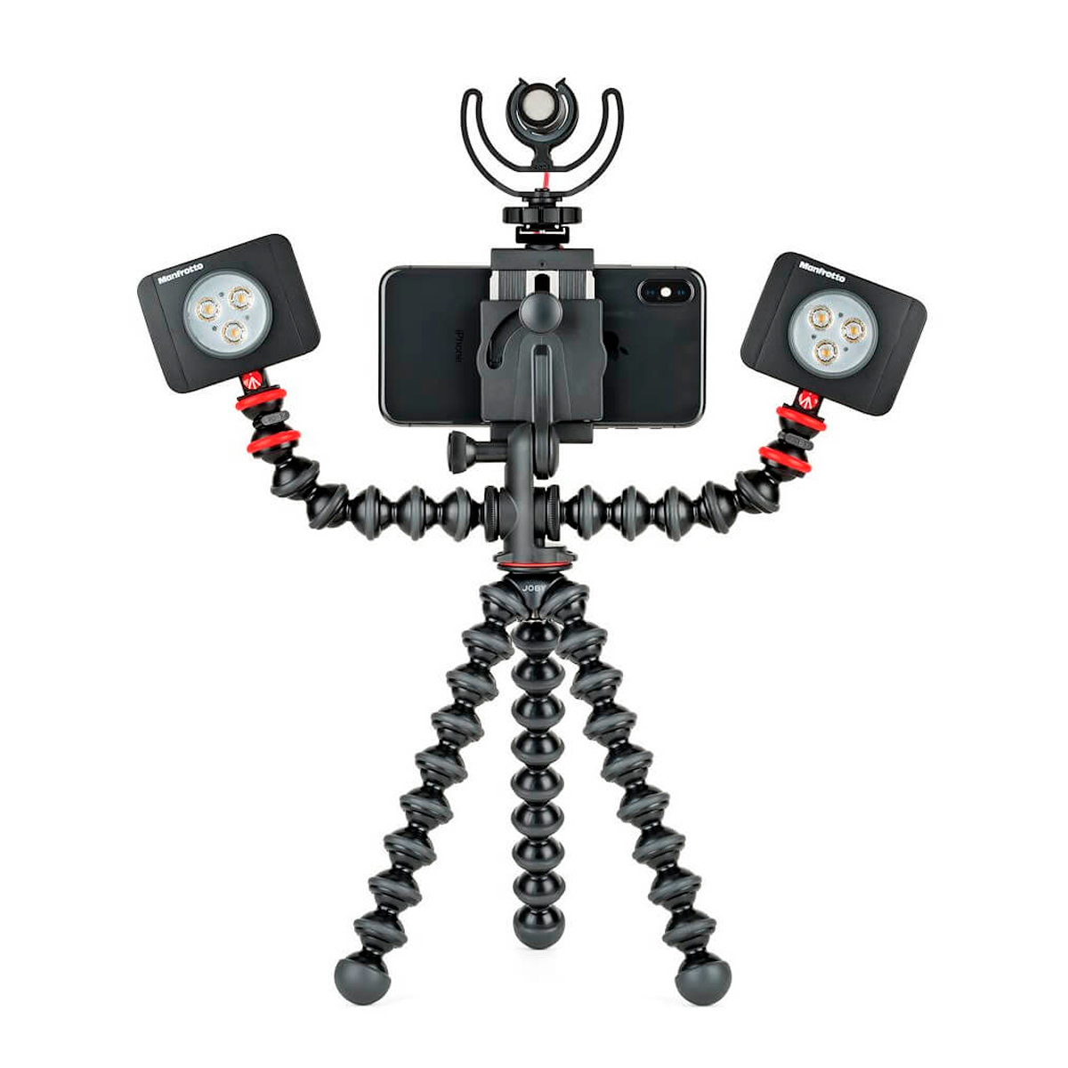 Joby GorillaPod Mobile Rig securely holds a smartphone, external microphone and two LED lights, creating a configuration that looks like a stick figure with raised arms.