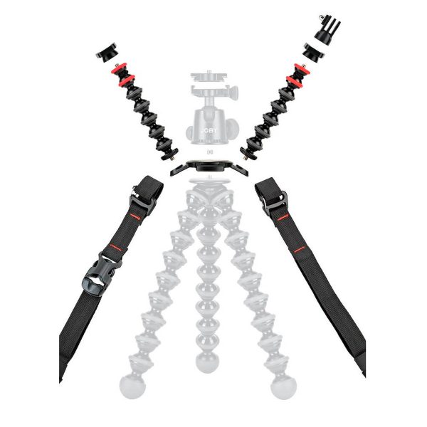 Joby GorillaPod Upgrade Rig, jossa on irrotettavat taipuisat jalat, kuulapää, pikakiinnike ja hihnat, näkyy erikseen valkoista taustaa vasten.