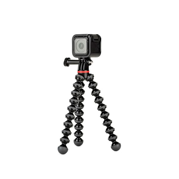 JOBY GorillaPod 500 Action Jalusta Musta/Harmaa on kompakti action-kameran kolmijalka, jossa on joustavat mustat ja harmaat jalat ja kumijalat, jotka näkyvät tavallisella valkoisella pohjalla.