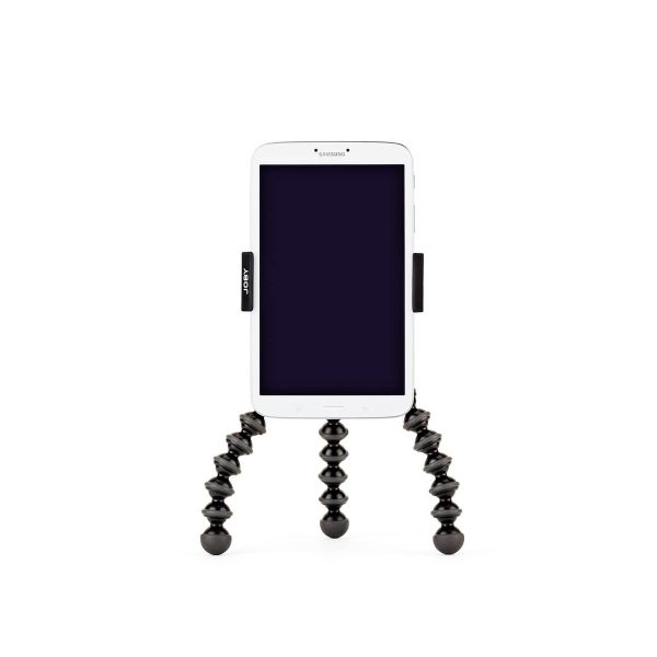 Valkoinen älypuhelin, jota pidetään pystysuorassa JOBY GripTight GorillaPod Stand Pro Tabletille - mustalla taipuisalla jalustalla, jossa on taivutettavat jalat - seisoo valkoisella taustalla. Puhelimen näyttö on pois päältä.