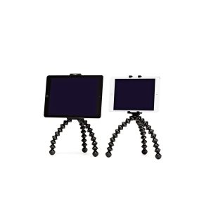 Kaksi tablettia, toinen musta ja toinen valkoinen, ovat vierekkäin JOBY GripTight GorillaPod Stand Pro Tablettrile -jalustoilla, joissa on joustavat, taivutettavat jalustan jalat, valkoista taustaa vasten.