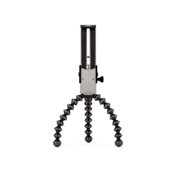 JOBY GripTight GorillaPod Stand Pro Tabletille, jossa on taivutettavat segmentoidut jalat ja säädettävä älypuhelinpidike, on esillä tavallisella valkoisella pohjalla.