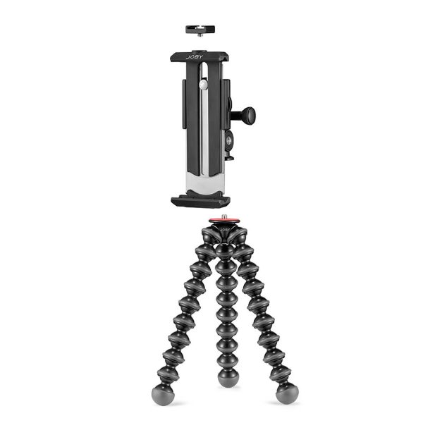 Joby-GripTight-Pro-2-Tablet-GorillaPod-Kit-2 The Joby GripTight Pro 2 Tablet + GorillaPod 1K Kit includes a flexible black and grey stand with bendable legs and a removable phone holder, both of which appear on a white background.