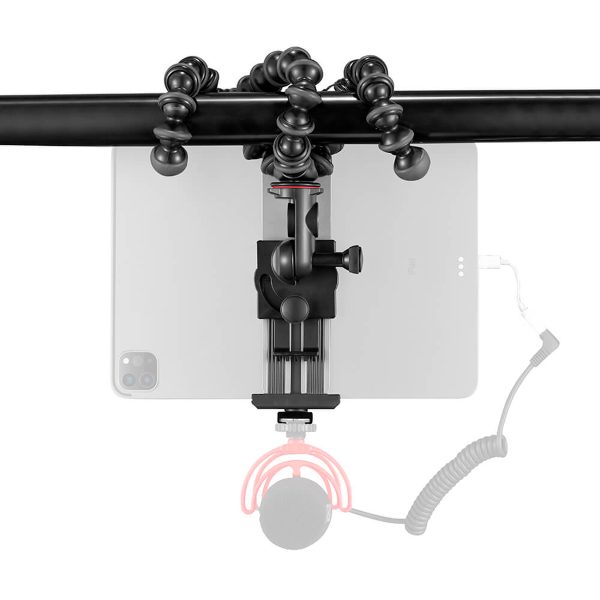 Joby-GripTight-Pro-2-Tablet-GorillaPod-Kit-4 The Joby GripTight Pro 2 Tablet + GorillaPod 1K Kit holds your tablet horizontally, attached to a flexible stand wrapped around a pole, with a microphone and twisted cable on the right side.