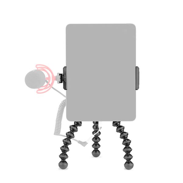 Joby-GripTight-Pro-2-Tablet-GorillaPod-Kit-5 The Joby GripTight Pro 2 Tablet + GorillaPod 1K Kit holds your tablet on a flexible stand with bendable legs and an external microphone attached, against a white background.