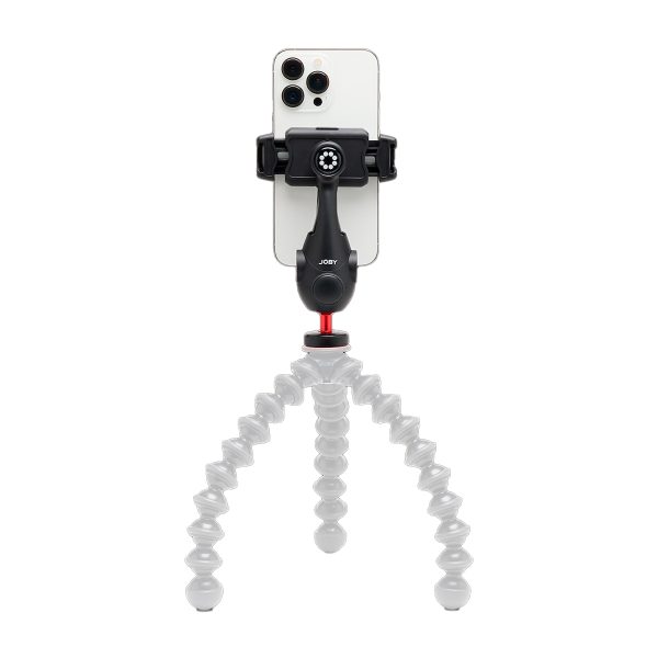 Joby-GripTight-Pro-3-3 Älypuhelin asennettuna pystyasentoon Joby GripTight Pro 3 Phone Mount -puhelinpidikkeeseen, jossa on joustavat, taivutettavat jalat, valkoista taustaa vasten.