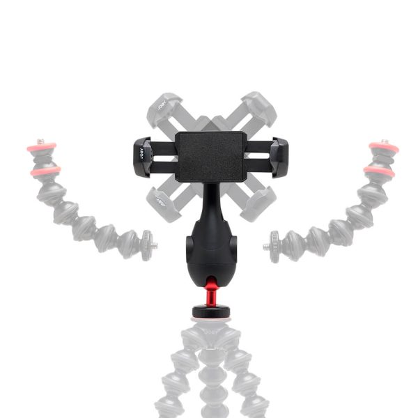 Joby-GripTight-Pro-3-4 Joby GripTight Pro 3 Phone Mount -puhelinpidikkeessä on säädettävä älypuhelinpidike ja segmentoidut, taivutettavat jalat, jotka on esitetty eri käsivarsiasennoissa korostamaan sen joustavaa liikerataa.