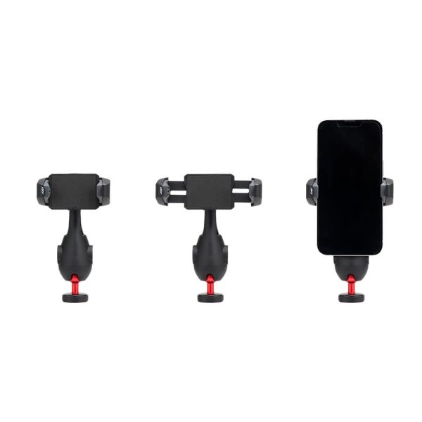 Joby-GripTight-Pro-3-5 Kolme mustaa ja punaista Joby GripTight Pro 3 -puhelinpidikettä on esitetty vierekkäin: ensimmäinen on tyhjä ja suljettu, toinen on tyhjä ja avattu, ja kolmannessa näkyy älypuhelin pystysuorassa.