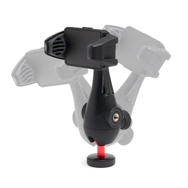 Joby-GripTight-Pro-3-6 Joby GripTight Pro 3 -puhelinkiinnike on esitetty mustana säädettävällä puhelimen pidikkeellä, joka on pystyssä ja kahdessa kulma-asennossa, ja vaihtoehtoiset kulmat on häivytetty harmaalla sen monipuolisen liikealueen korostamiseksi.