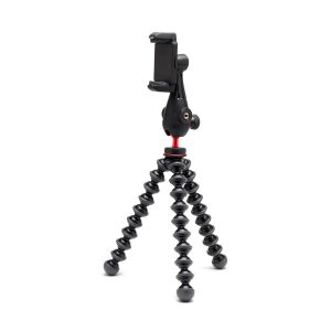 Joby-GripTight-Pro-3-kit-4 The Joby GripTight Pro 3 Kit is a flexible stand with black segmented legs and a smartphone holder, shown upright against a white background.