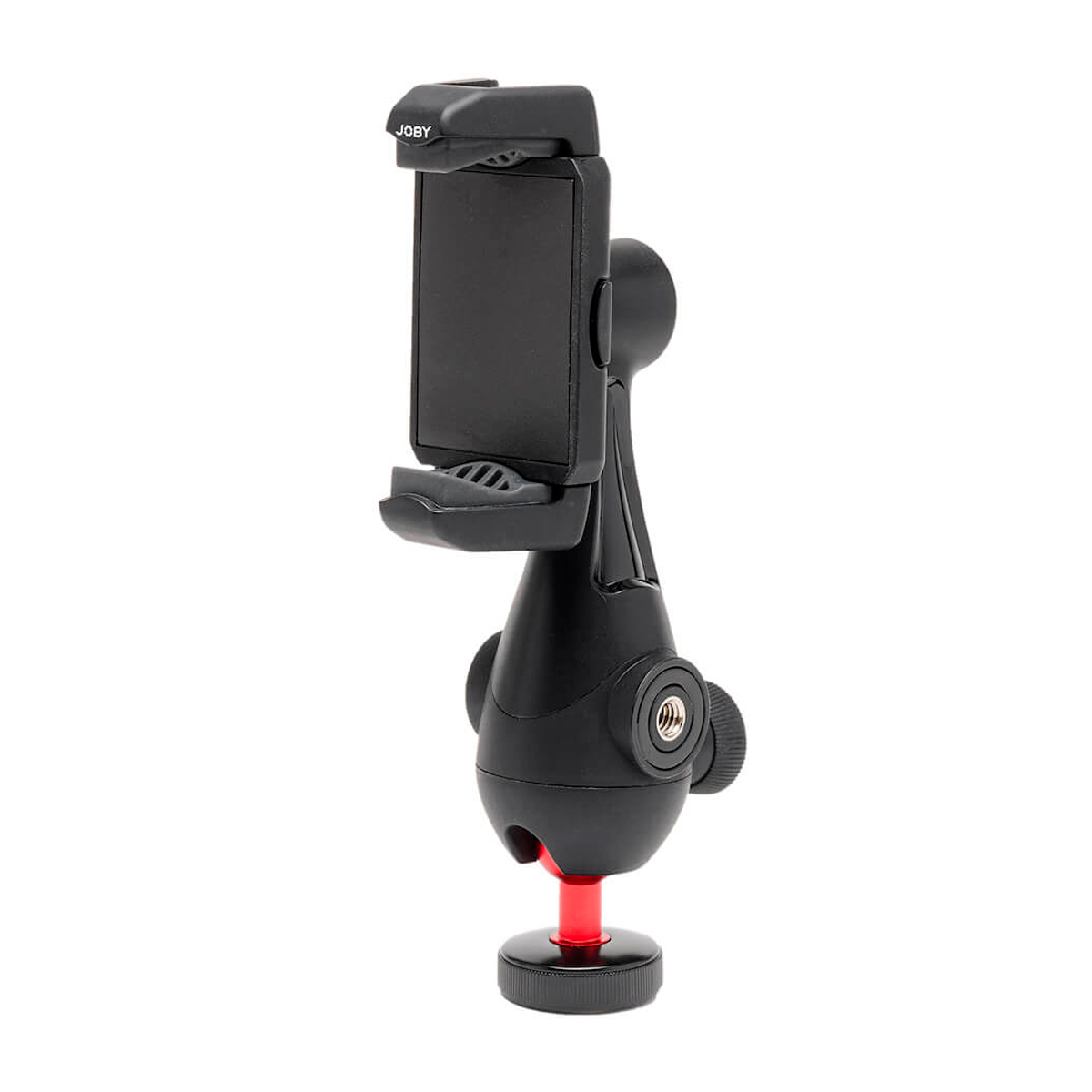 Joby GripTight Pro 3 Phone Mount on musta puhelimen pidike, jossa on säädettävät nupit ja punainen korostus pohjassa, ja joka on suunniteltu pitämään älypuhelimet tukevasti jalustassa tai muussa kiinnitysvälineessä.