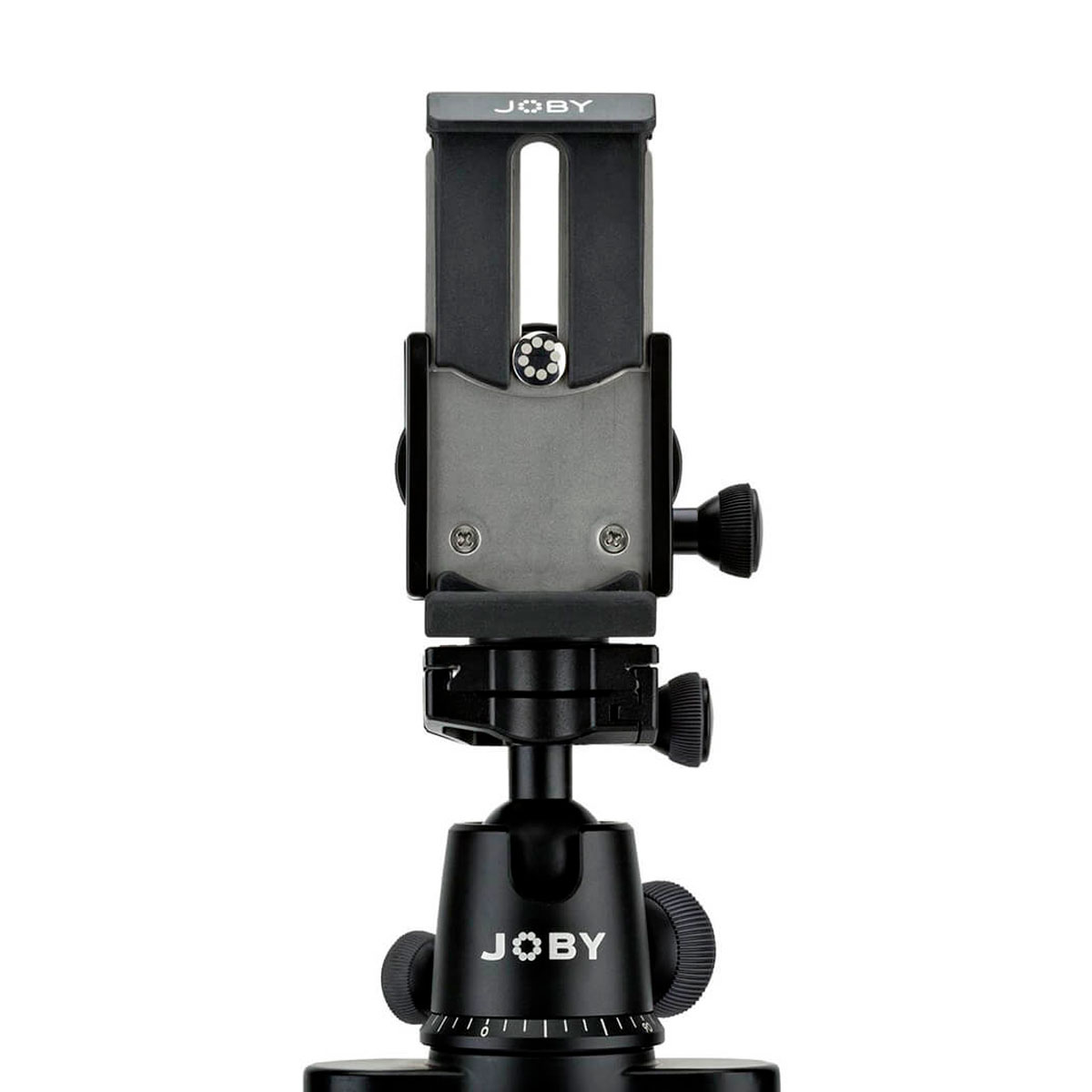 Mustaa Joby GripTight Pro Phone Mount -puhelinpidikettä, jossa on säädettävät nupit ja pystysuora puhelin- tai kamerapidike, näytetään valkoista taustaa vasten.