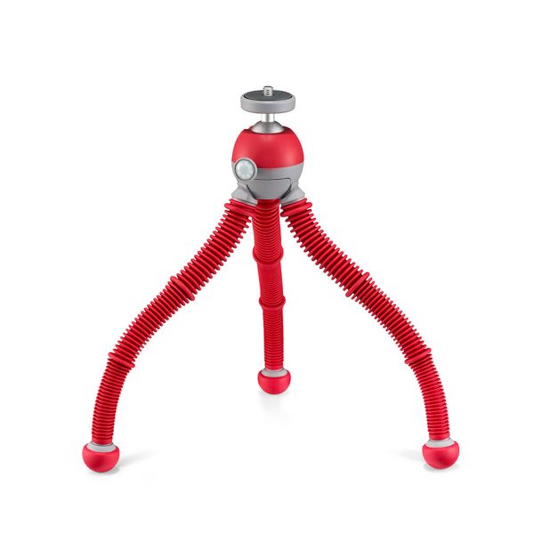 Joby PodZilla Flexible Tripod Kit M Punainen on kompakti punainen kolmella taivutettavalla jalalla ja pyöreillä kumijaloilla varustettu kolmijalkainen jalusta, joka on ihanteellinen kameroille tai laitteille valkoisella pohjalla.