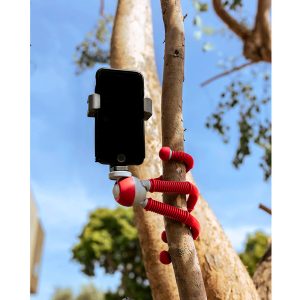 Joby PodZilla Flexible Tripod Kit M Punainen pitää älypuhelinta, joka on kiedottu puun oksan ympärille ulkona aurinkoisena päivänä, kun taustalla on sininen taivas ja lehtimäisiä puita.