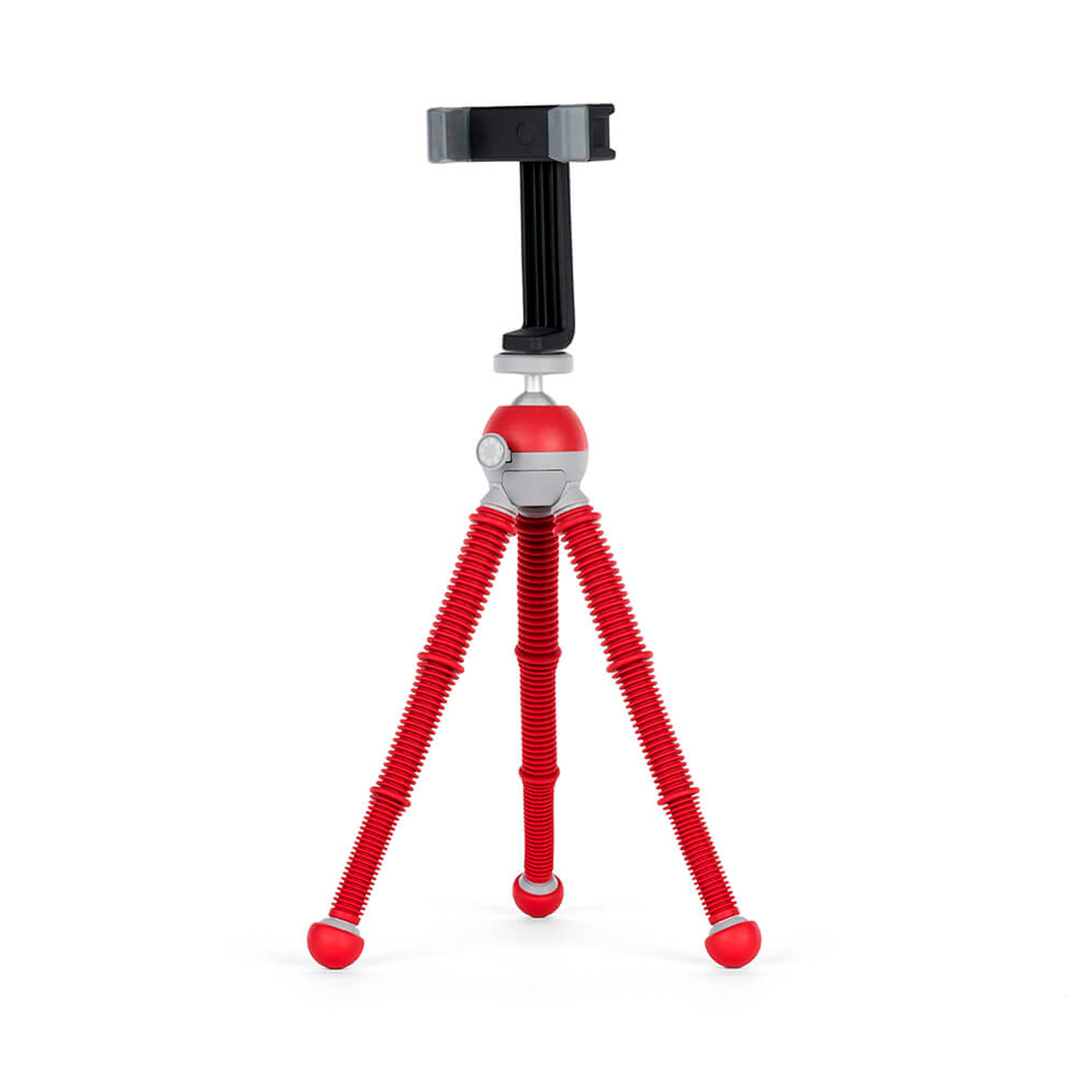 Joby PodZilla Flexible Tripod Kit M Punainen on kompakti punainen ja harmaa kolmella taivutettavalla jalalla ja mustalla älypuhelimen pidikkeellä varustettu kolmijalkainen jalusta, joka on suunniteltu siirrettäväksi ja säädettäväksi.