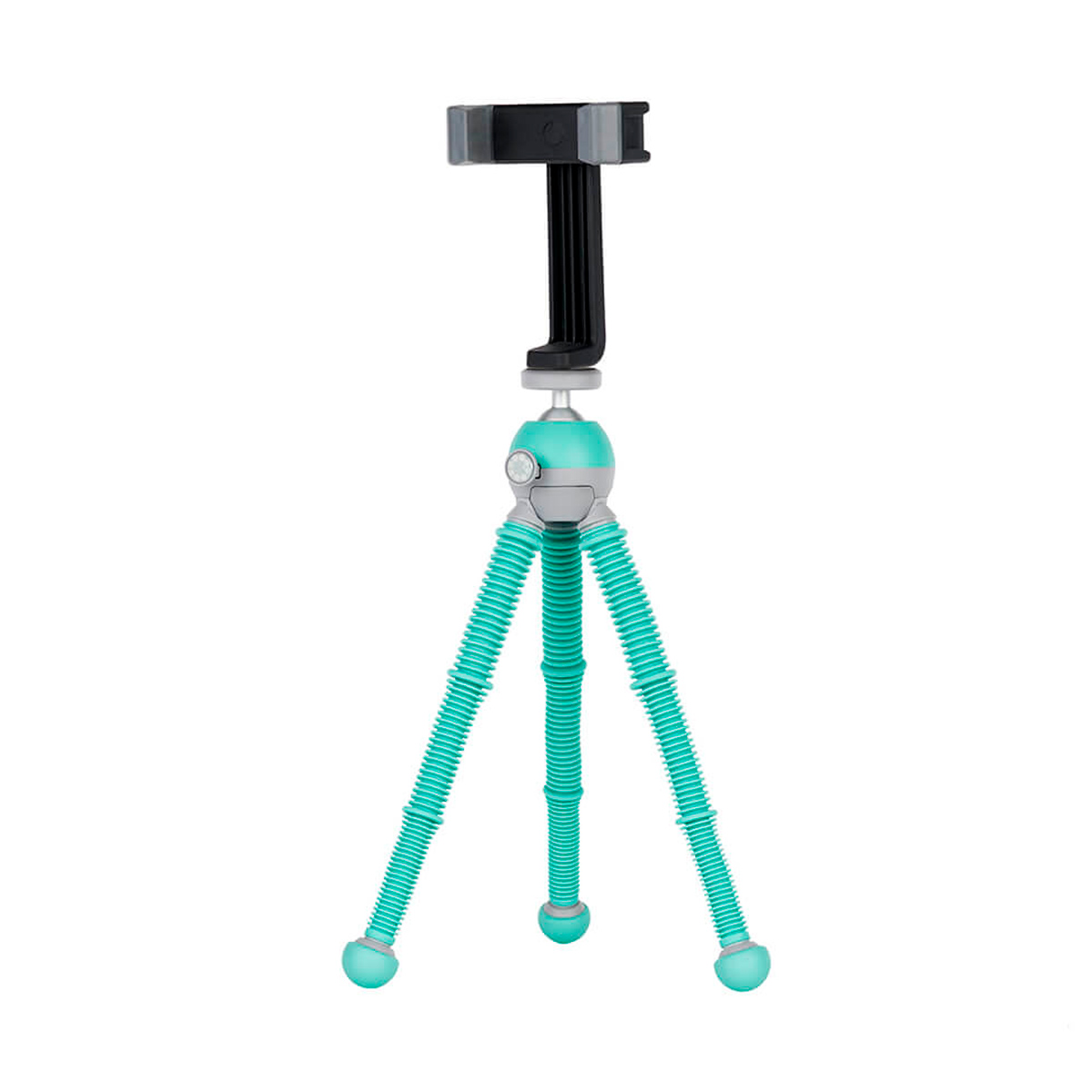 Joby PodZilla Flexible Tripod Kit M Sinivihreä -mallissa on tiilenpunaiset, kylkipintaiset jalat, joissa on pallomaiset jalat vakauden takaamiseksi, ja musta puhelimen pidike yläosassa, joka on suunniteltu pitämään älypuhelimet tukevasti.