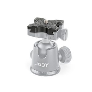 The Joby QR Plate 5K is a silver and black tripod ball mount with knobs and a quick release plate for easy camera attachment.